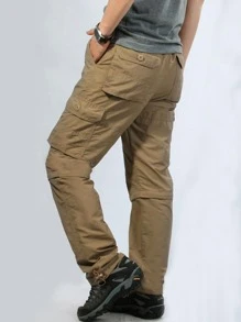 Men Flap Pocket Side Drawstring Waist Cargo Trousers - Khaki - View 5