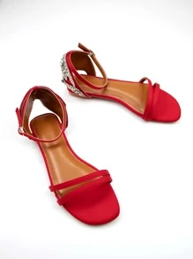 Women Comfort Rhinestone Decor Flat Sandals, Glamorous Red Lycra Ankle Strap Sandals - Red - View 1