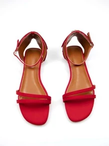 Women Comfort Rhinestone Decor Flat Sandals, Glamorous Red Lycra Ankle Strap Sandals - Red - View 2