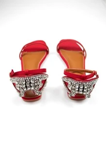 Women Comfort Rhinestone Decor Flat Sandals, Glamorous Red Lycra Ankle Strap Sandals - Red - View 3