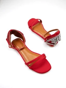 Women Comfort Rhinestone Decor Flat Sandals, Glamorous Red Lycra Ankle Strap Sandals - Red - View 4