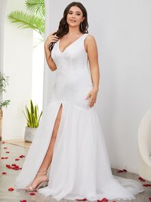 大码花朵刺绣开叉鱼尾轻婚纱、晚礼服 - 白色 - 查看 4