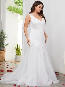 大码花朵刺绣开叉鱼尾轻婚纱、晚礼服 - 白色 - 查看 6