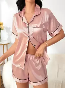撞色滚边口袋贴布缎面睡衣套装/睡衣套装 - 藕粉色 - 查看 6