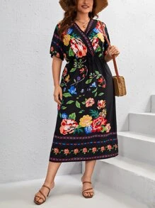 SHEIN VCAY 大碼印花蝴蝶袖連衣裙 - 黑色 - 查看 1