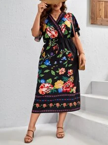 SHEIN VCAY 大碼印花蝴蝶袖連衣裙 - 黑色 - 查看 4