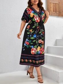 SHEIN VCAY 大碼印花蝴蝶袖連衣裙 - 黑色 - 查看 5