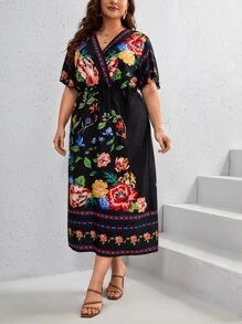 SHEIN VCAY 大碼印花蝴蝶袖連衣裙 - 黑色 - 查看 6