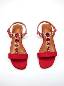 Women Comfort Rhinestone Decor Flat Sandals, Glamorous Red Lycra Ankle Strap Sandals - Red - View 1