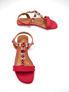 Women Comfort Rhinestone Decor Flat Sandals, Glamorous Red Lycra Ankle Strap Sandals - Red - View 2