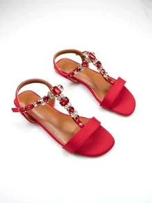 Women Comfort Rhinestone Decor Flat Sandals, Glamorous Red Lycra Ankle Strap Sandals - Red - View 3