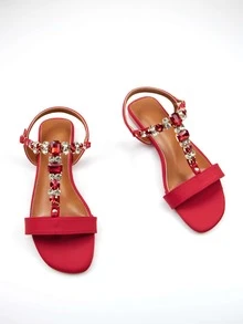 Women Comfort Rhinestone Decor Flat Sandals, Glamorous Red Lycra Ankle Strap Sandals - Red - View 4