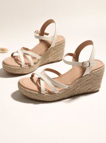 女士交叉草編鞋底度假夏天踝帶坡跟涼鞋 - 白色 - 查看 4