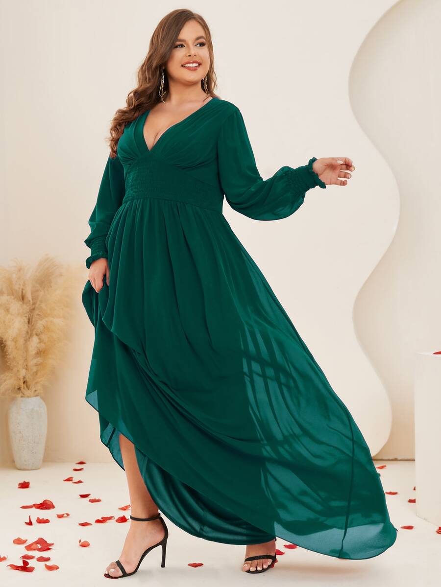 大碼深V領燈籠袖雪紡伴娘洋裝 - 墨綠色 - 查看 1