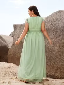 SHEIN Belle Plus 1pc Plunge Neck Split Thigh Bridesmaid Dress - Mint Green - View 3