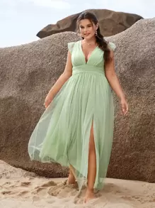 SHEIN Belle Plus 1pc Plunge Neck Split Thigh Bridesmaid Dress - Mint Green - View 1