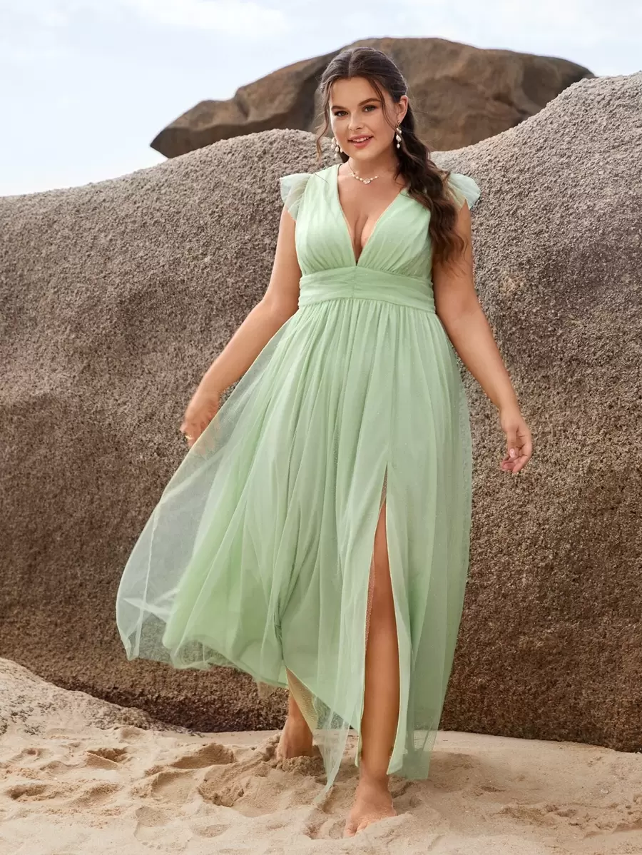 SHEIN Belle Plus 1pc Plunge Neck Split Thigh Bridesmaid Dress - Mint Green - View 1