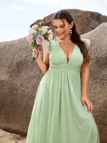 SHEIN Belle Plus 1pc Plunge Neck Split Thigh Bridesmaid Dress - Mint Green - View 6