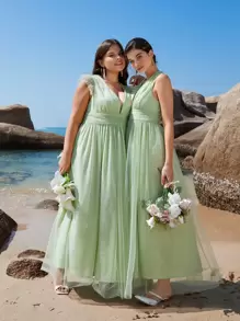 SHEIN Belle Plus 1pc Plunge Neck Split Thigh Bridesmaid Dress - Mint Green - View 7