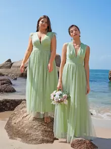 SHEIN Belle Plus 1pc Plunge Neck Split Thigh Bridesmaid Dress - Mint Green - View 8