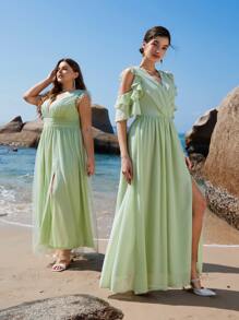 SHEIN Belle Plus 1pc Plunge Neck Split Thigh Bridesmaid Dress - Mint Green - View 13
