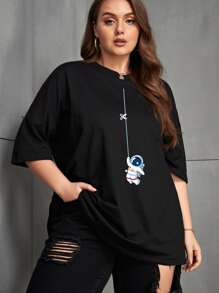 SHEIN EZwear 大碼宇航員印花落肩T恤 - 黑色 - 查看 4