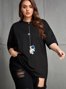 SHEIN EZwear 大碼宇航員印花落肩T恤 - 黑色 - 查看 6