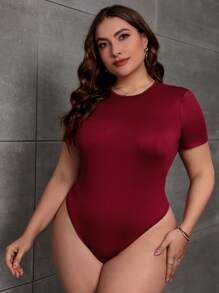 SHEIN Essnce Plus Solid 修身 T 恤紧身衣 - 酒紅色 - 查看 3