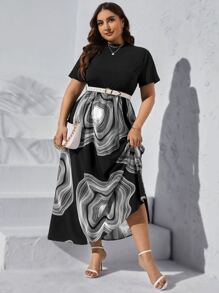 SHEIN LUNE Plus Graphic Print Mock Neck Dress Without Belt - Black - View 3