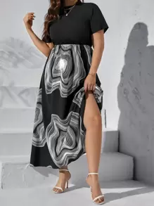 SHEIN LUNE Plus Graphic Print Mock Neck Dress Without Belt - Black - View 1