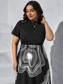 SHEIN LUNE Plus Graphic Print Mock Neck Dress Without Belt - Black - View 4