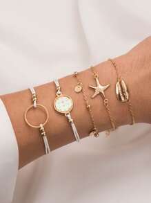 5pcs/set Mermaid Scale & Glitter & Starfish Design Sea Shell Metal Beaded Bracelet (bead Count Random) - Yellow Gold - View 3