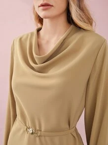 MOTF PREMIUM BELTED DRAPED TOP & PANTS SET - Khaki - View 7