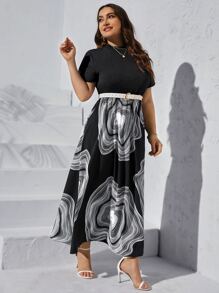 SHEIN LUNE Plus Graphic Print Mock Neck Dress Without Belt - Black - View 5