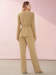 MOTF PREMIUM BELTED DRAPED TOP & PANTS SET - Khaki - View 8