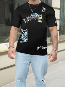 Manfinity 男士卡通和字母圖案T恤 - 黑色 - 查看 5