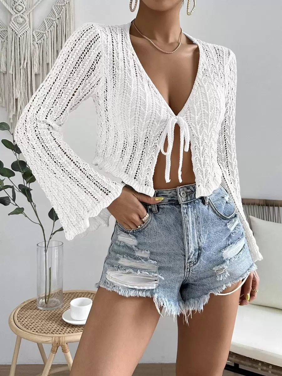 SHEIN VCAY Tie Front Trumpet Sleeve Crop Cardigan - White - View 1