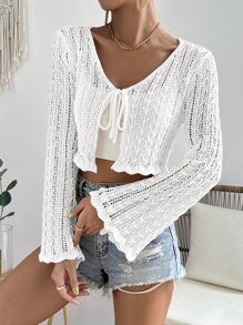 SHEIN VCAY Tie Front Trumpet Sleeve Crop Cardigan - White - View 3