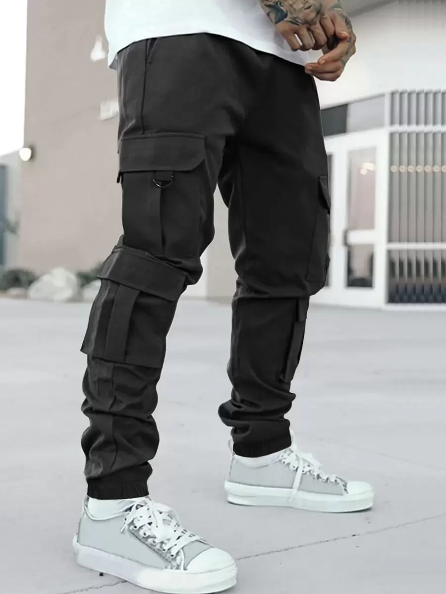 Manfinity LEGND Men Flap Pocket Side Drawstring Waist Cargo Trousers - Black - View 1