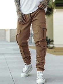 Manfinity LEGND Men Flap Pocket Side Drawstring Waist Cargo Trousers - Brown - View 4