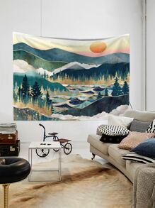 1 tấm thảm họa tiết rừng & mặt trời, chăn treo tường bằng vải hiện đại cho gia đình - Màu xanh lá cây đậm - Xem 4