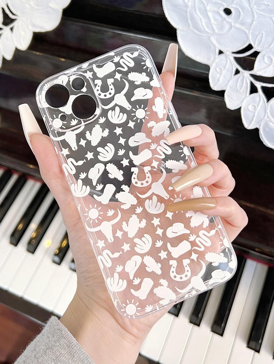 Hat & Cactus Pattern Clear Phone Case,International Version, Not The Domestic Version - White - View 1