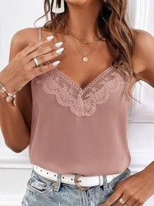SHEIN Frenchy 拼接網紗刺繡吊帶上衣 - 藕粉色 - 查看 2