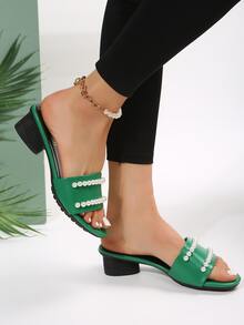 女士人造珍珠裝飾高跟時尚穆勒涼鞋適用於夏天