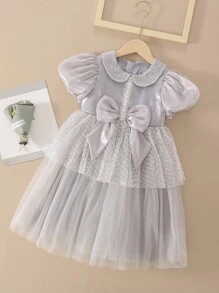 青少年女孩網紗拼接前蝴蝶結泡泡袖彼得潘領連衣裙 - 灰色 - 查看 1