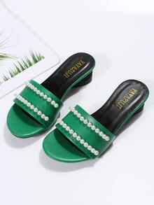 女士人造珍珠裝飾高跟時尚穆勒涼鞋適用於夏天