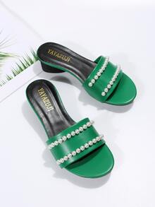 女士人造珍珠裝飾高跟時尚穆勒涼鞋適用於夏天