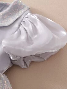 青少年女孩網紗拼接前蝴蝶結泡泡袖彼得潘領連衣裙 - 灰色 - 查看 3