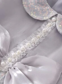 青少年女孩網紗拼接前蝴蝶結泡泡袖彼得潘領連衣裙 - 灰色 - 查看 4