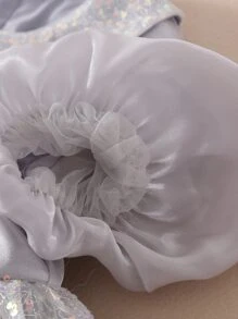 青少年女孩網紗拼接前蝴蝶結泡泡袖彼得潘領連衣裙 - 灰色 - 查看 5